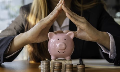 business woman protecting piggy bank It is like saving money for business insurance. money saving strategy and the beginning project management the best of the business
