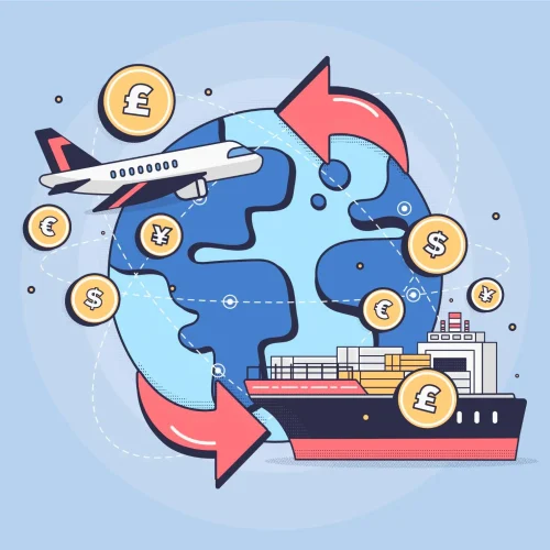 Global trade and international finance concept with cargo ship, airplane, currency symbols and world map showing import export transactions