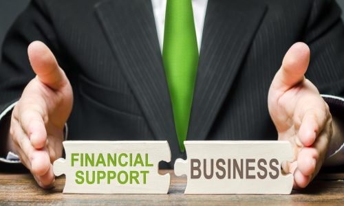 Man connects two puzzles providing financial support to business in a crisis situation. Government assistance in overcoming the effects of the pandemic. Preferential cheap soft loans, tax breaks.